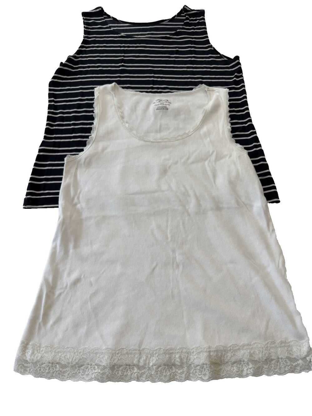 Chico's Travelers Collection Tank Top Set 2pc Navy White Lace Trim Sz 2 L 12